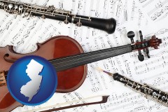 new-jersey map icon and classical musical instruments