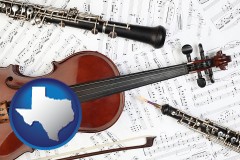 texas map icon and classical musical instruments