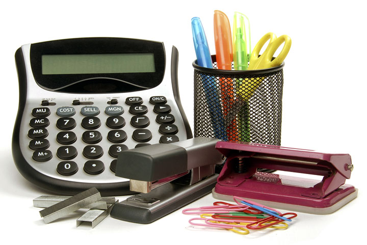 office supplies: calculator, paper clips, pens, scissors, stapler, and staples (large image)