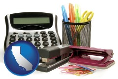 california map icon and office supplies: calculator, paper clips, pens, scissors, stapler, and staples