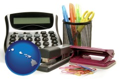 hawaii map icon and office supplies: calculator, paper clips, pens, scissors, stapler, and staples