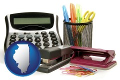 illinois map icon and office supplies: calculator, paper clips, pens, scissors, stapler, and staples