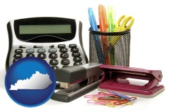 kentucky map icon and office supplies: calculator, paper clips, pens, scissors, stapler, and staples