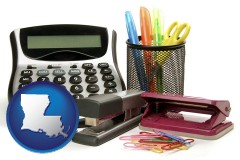 louisiana map icon and office supplies: calculator, paper clips, pens, scissors, stapler, and staples