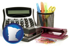 minnesota map icon and office supplies: calculator, paper clips, pens, scissors, stapler, and staples