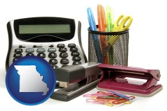 missouri map icon and office supplies: calculator, paper clips, pens, scissors, stapler, and staples