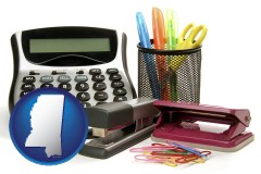mississippi map icon and office supplies: calculator, paper clips, pens, scissors, stapler, and staples