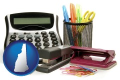 new-hampshire map icon and office supplies: calculator, paper clips, pens, scissors, stapler, and staples