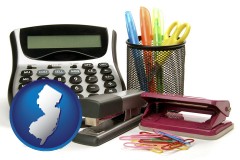new-jersey map icon and office supplies: calculator, paper clips, pens, scissors, stapler, and staples