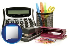 new-mexico map icon and office supplies: calculator, paper clips, pens, scissors, stapler, and staples