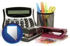 nevada map icon and office supplies: calculator, paper clips, pens, scissors, stapler, and staples
