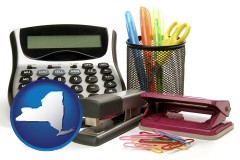 new-york map icon and office supplies: calculator, paper clips, pens, scissors, stapler, and staples