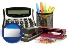 pennsylvania map icon and office supplies: calculator, paper clips, pens, scissors, stapler, and staples