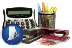 rhode-island map icon and office supplies: calculator, paper clips, pens, scissors, stapler, and staples