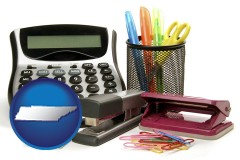 tennessee map icon and office supplies: calculator, paper clips, pens, scissors, stapler, and staples