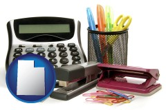 utah office supplies: calculator, paper clips, pens, scissors, stapler, and staples