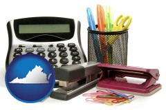 virginia map icon and office supplies: calculator, paper clips, pens, scissors, stapler, and staples