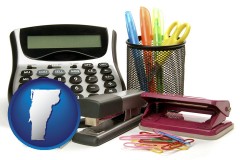 vermont map icon and office supplies: calculator, paper clips, pens, scissors, stapler, and staples