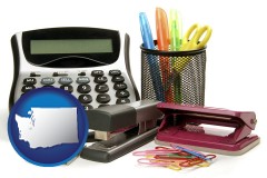 washington map icon and office supplies: calculator, paper clips, pens, scissors, stapler, and staples
