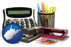 west-virginia map icon and office supplies: calculator, paper clips, pens, scissors, stapler, and staples