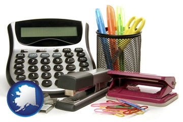 office supplies: calculator, paper clips, pens, scissors, stapler, and staples - with Alaska icon