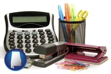 office supplies: calculator, paper clips, pens, scissors, stapler, and staples - with Alabama icon