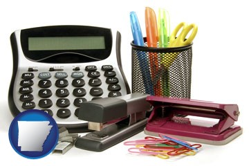 office supplies: calculator, paper clips, pens, scissors, stapler, and staples - with Arkansas icon