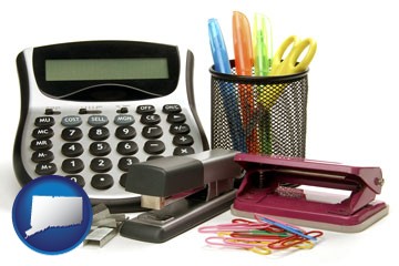 office supplies: calculator, paper clips, pens, scissors, stapler, and staples - with Connecticut icon