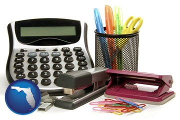 office supplies: calculator, paper clips, pens, scissors, stapler, and staples - with Florida icon
