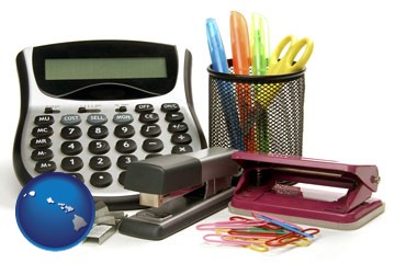 office supplies: calculator, paper clips, pens, scissors, stapler, and staples - with Hawaii icon