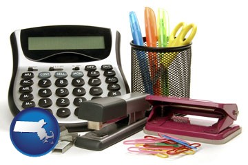 office supplies: calculator, paper clips, pens, scissors, stapler, and staples - with Massachusetts icon