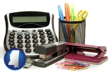 office supplies: calculator, paper clips, pens, scissors, stapler, and staples - with Mississippi icon