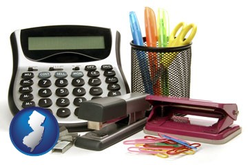 office supplies: calculator, paper clips, pens, scissors, stapler, and staples - with New Jersey icon