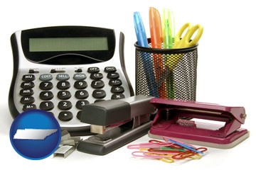 office supplies: calculator, paper clips, pens, scissors, stapler, and staples - with Tennessee icon