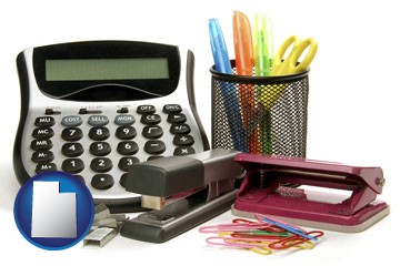 office supplies: calculator, paper clips, pens, scissors, stapler, and staples - with Utah icon