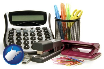office supplies: calculator, paper clips, pens, scissors, stapler, and staples - with West Virginia icon