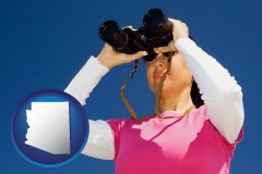 arizona map icon and a woman looking through binoculars