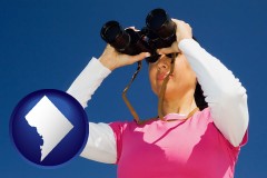 washington-dc map icon and a woman looking through binoculars