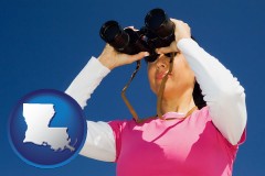 louisiana map icon and a woman looking through binoculars