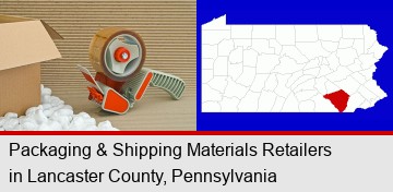 packaging and shipping supplies: boxes, peanuts, and tape; Lancaster County highlighted in red on a map