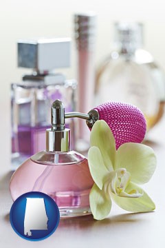 a perfume bottle, with atomizer, and an orchid flower - with Alabama icon