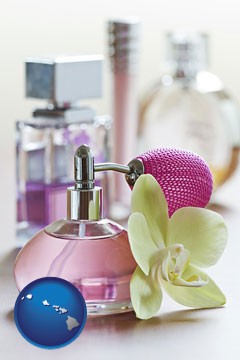 a perfume bottle, with atomizer, and an orchid flower - with Hawaii icon