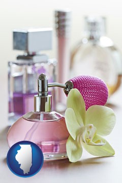 a perfume bottle, with atomizer, and an orchid flower - with Illinois icon