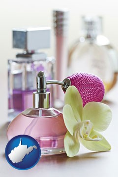 a perfume bottle, with atomizer, and an orchid flower - with West Virginia icon