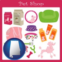 alabama map icon and pet shop products