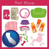 california map icon and pet shop products