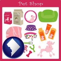washington-dc map icon and pet shop products