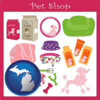 michigan map icon and pet shop products