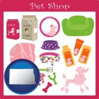 north-dakota map icon and pet shop products