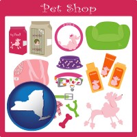 new-york map icon and pet shop products